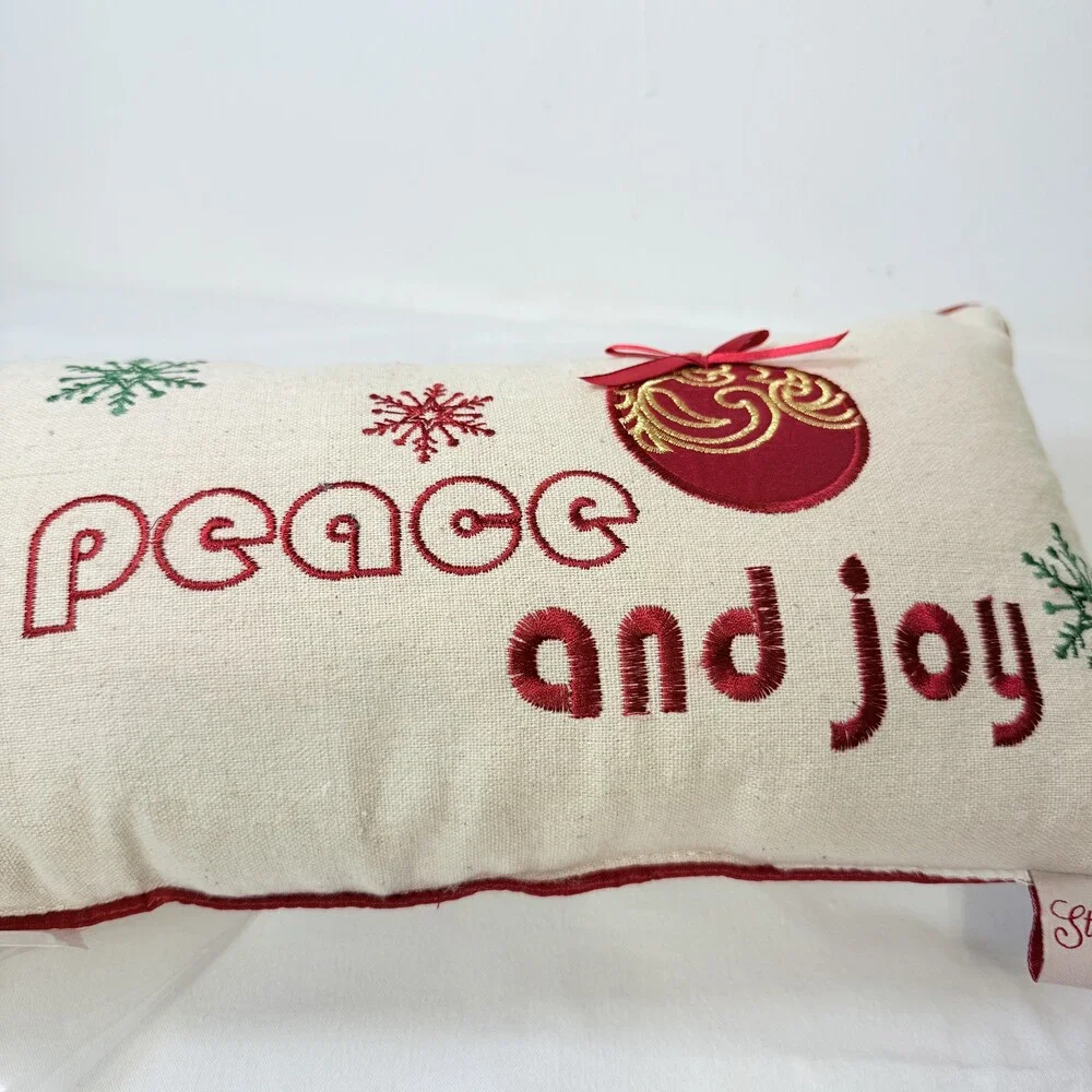 Stratford Home Off-white Embroidered Peace Joy Christmas Pillow 16.5x8